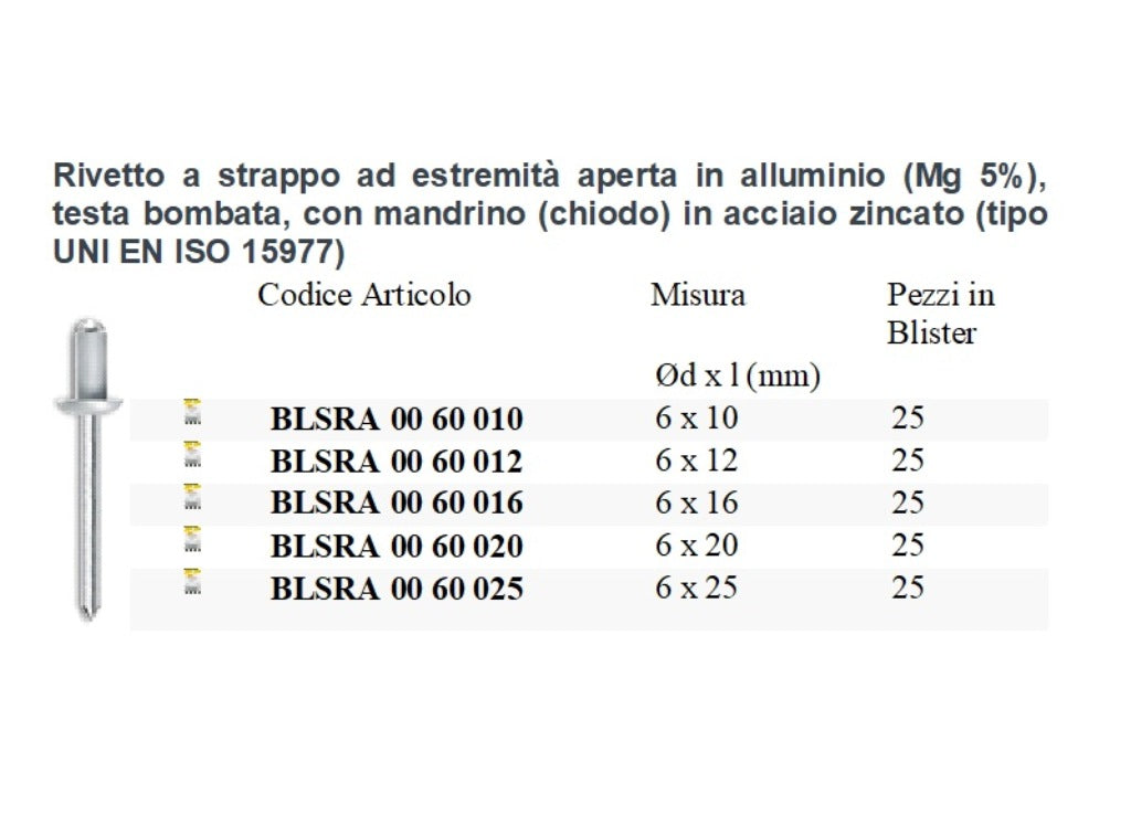 100 Pezzi Rivetti a strappo in alluminio mandrino acciaio zincato Diametro 6 mm