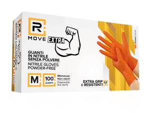 RMove 1Conf. da 100pz Tg.M 8.5gr da Lavoro - Guanti Nitrile Arancione Senza Polvere Full Grip - puntoluceled