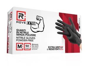 RMove 1Conf. da 50pz Tg.M 8.5gr da Lavoro - Guanti Nitrile Nero Senza Polvere Full Grip - puntoluceled