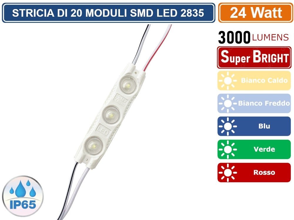 STRISCIA LED 20 MODULI INDIPENDENTI 24W SMD 2835 DC 12V IMPERMEABILE IP65 - puntoluceled