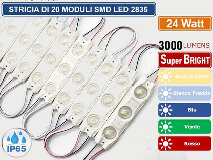 STRISCIA LED 20 MODULI INDIPENDENTI 24W SMD 2835 DC 12V IMPERMEABILE IP65 - puntoluceled