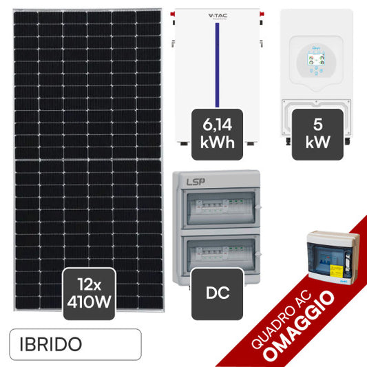 Kit 12 Pannelli Solari V-Tac 410W + Inverter Monofase 5kW CEI 0-21 + Batteria BMS 6,14kWh + Quadro DC 2 Stringhe + Quadro AC