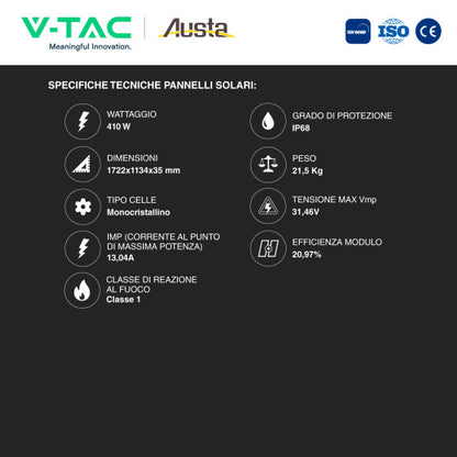 Kit 12 Pannelli Solari V-Tac 410W + Inverter Monofase 5kW CEI 0-21 + Batteria BMS 6,14kWh + Quadro DC 2 Stringhe + Quadro AC